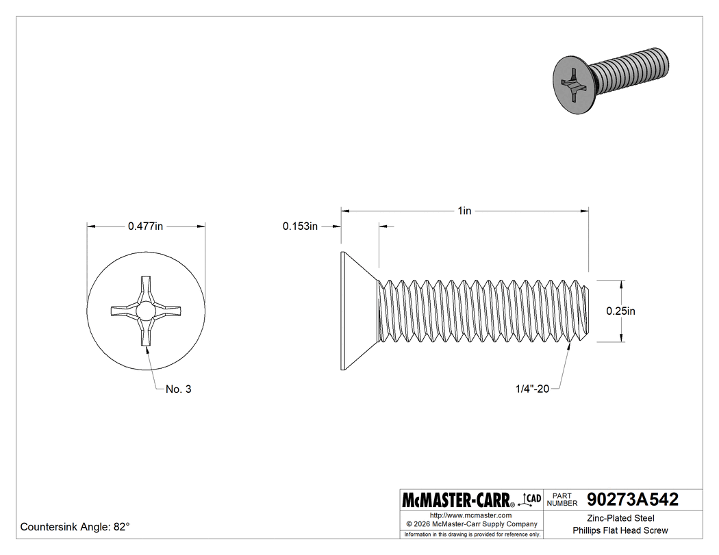 Technical Drawing of Zinc-Plated Steel Phillips Flat Head Screw, 82 Degree Countersink Angle, 1/4"-20 Thread Size, 1" Long.